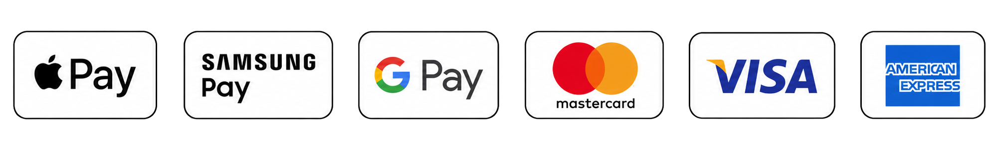 Supported payment methods including Apple Pay, Samsung Pay, Google Pay, Mastercard, Visa, and American Express